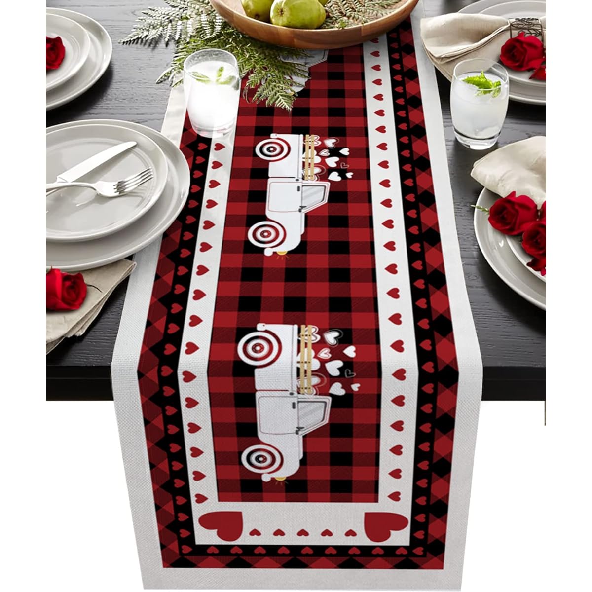 EZON-CH Burlap Table Runner Decorative Valentine's Day Love Truck Red Plaid Table Runner Rectangle Non-Slip Farmhouse Wedding Party Holiday Dinner Home 13" x 70" Long