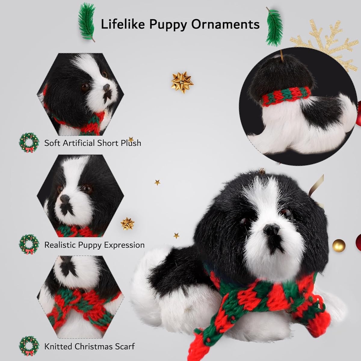 MEJORMEN Christmas Dog Ornament with Scarf, Mini Plush Dog Ornament, Christmas Tree Decoration for Dog Lovers