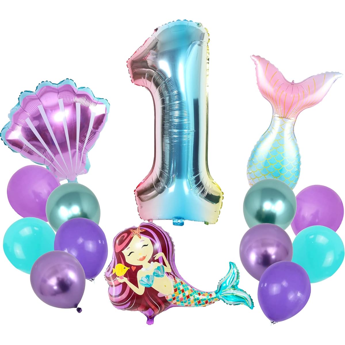 Mermaid Balloons 1st Birthday 40 Inch Rainbow Number 1 Balloon Large Mermaid Tail Shell Foil Balloon Little Mermaid Party Latex Balloon Set Girls Mermaid Birthday Party Decoration 1 Year Old
