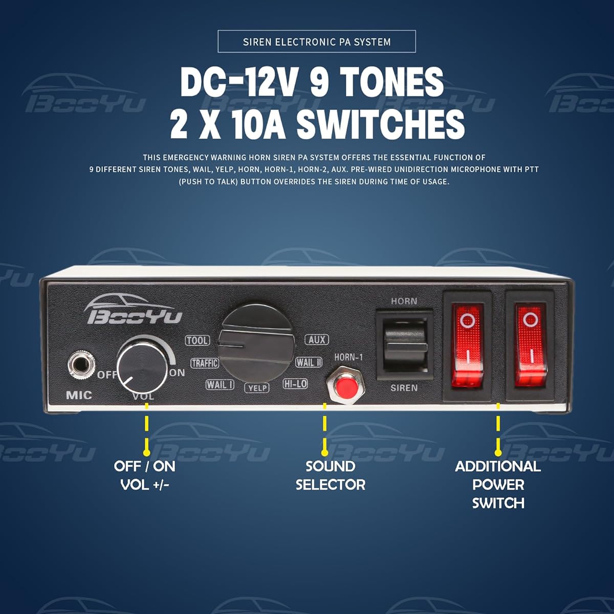 BooYu 9 Tone 12V 200W Warning Emergency Police Siren PA System [Silver Steel Speaker] [Handheld Microphone] [Hands Free] [125-135dB] [2 x 10A Switch] for Firefighter Ambulance Truck SUV ATV UTV