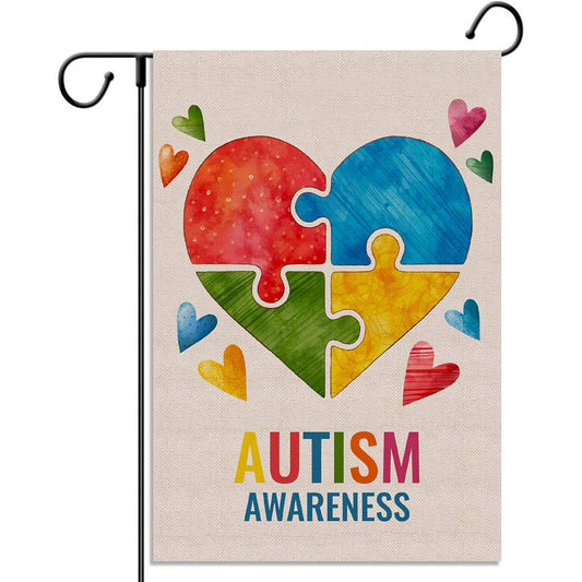 Autism Awareness Garden Flag Colorful Puzzle Piece Heart Inspirational Support Vertical Double Size Yard Outdoor Decoration