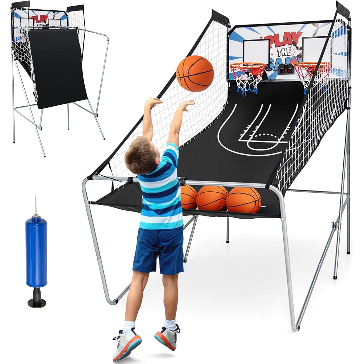 Goplus Foldable Dual Shot Basketball Arcade Game, Indoor Outdoor Basketball Game Machine with Electronic Scoring System, 8 Game Modes, 4 Balls, 2 Hoops, Air Pump for Kids, Youth and Adults