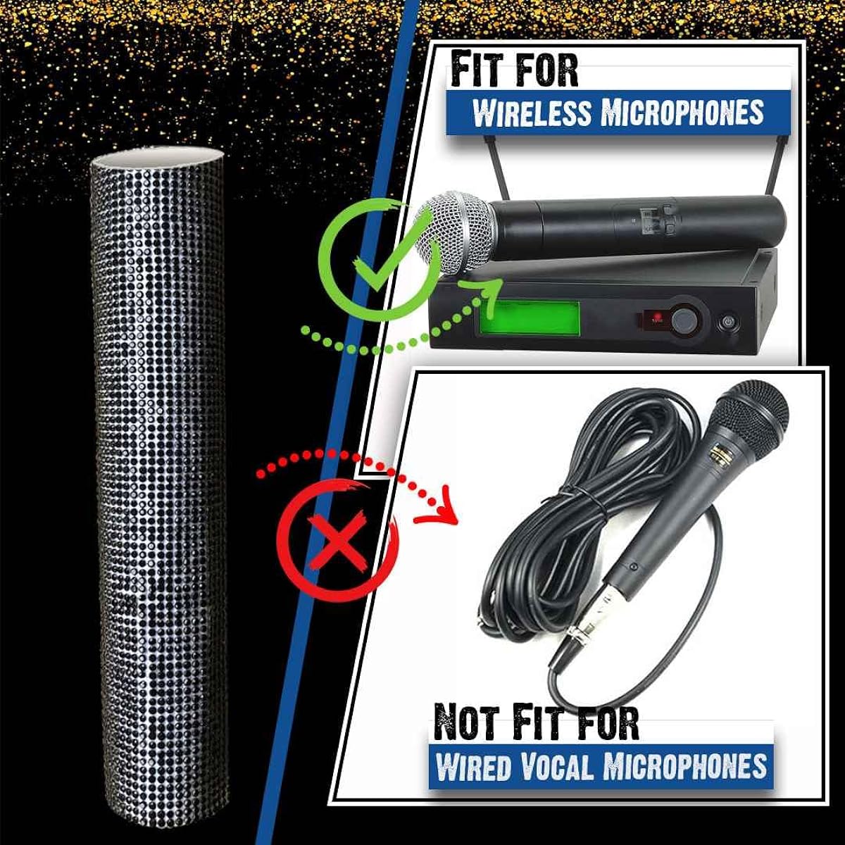 RK Microphone Handle Sleeve Cover Protector with Crystal Diamond Wrap - Sparkling Black