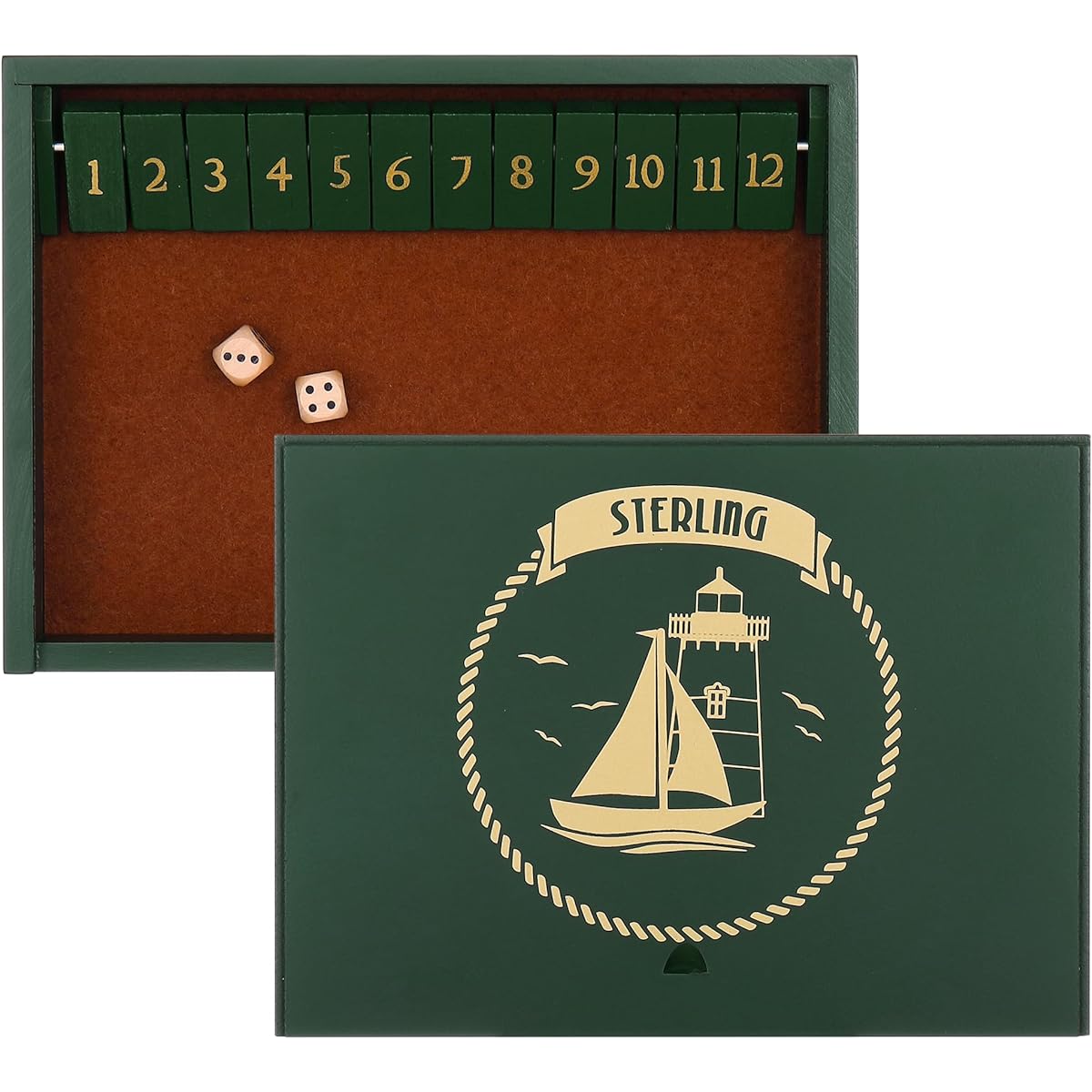 STERLING Games Wooden Shut the Box Game with 12 Numbers Home Decor Design Lid Cover Felt Rolling Surface Green