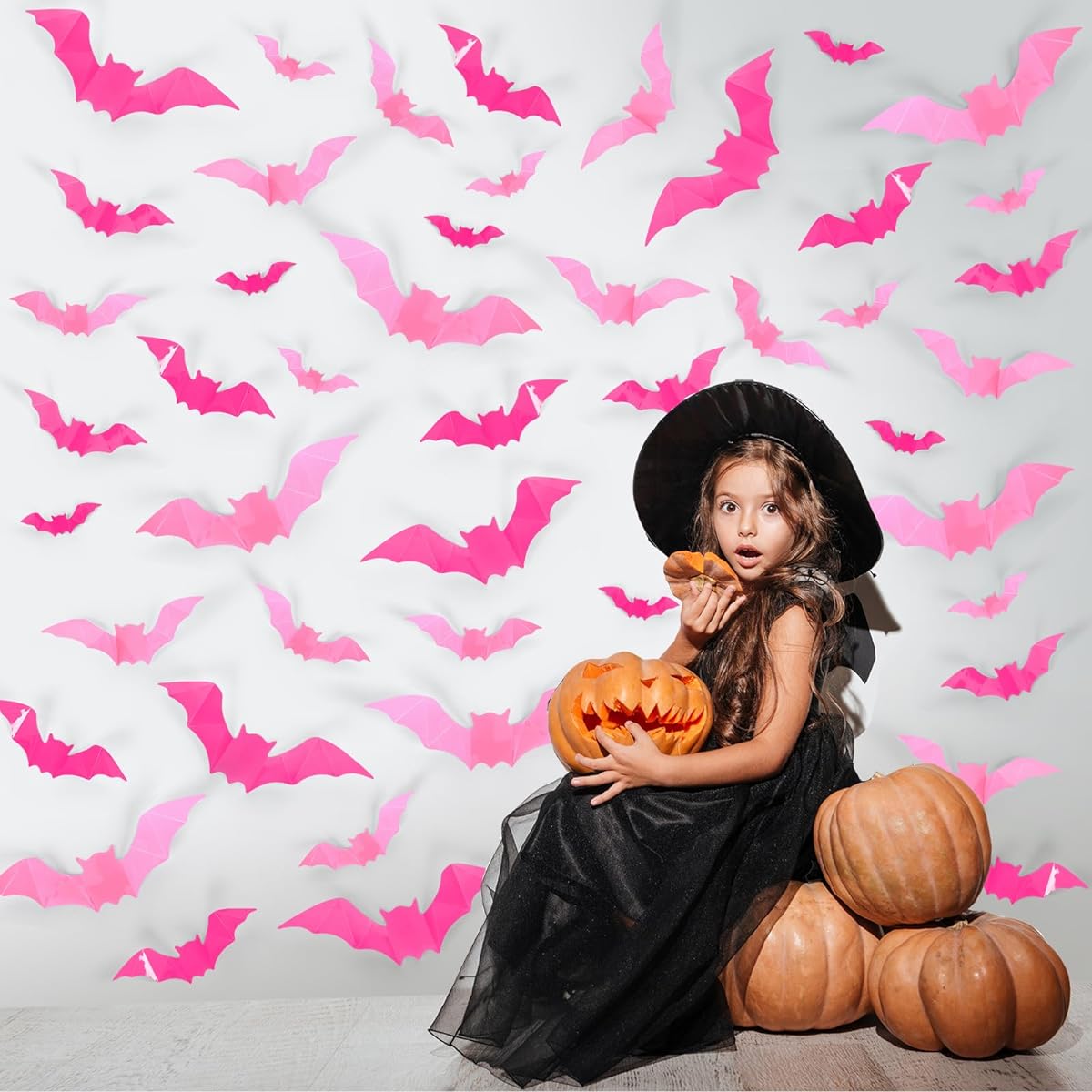 Whaline 112Pcs Halloween Wall Decoration 3D Bats with Foam Adhesive Pink and Rose Red Waterproof Spooky Bats Stickers Hocus Pocus Party Supplies for Halloween Home Wall Window Door Decor, 4 Sizes