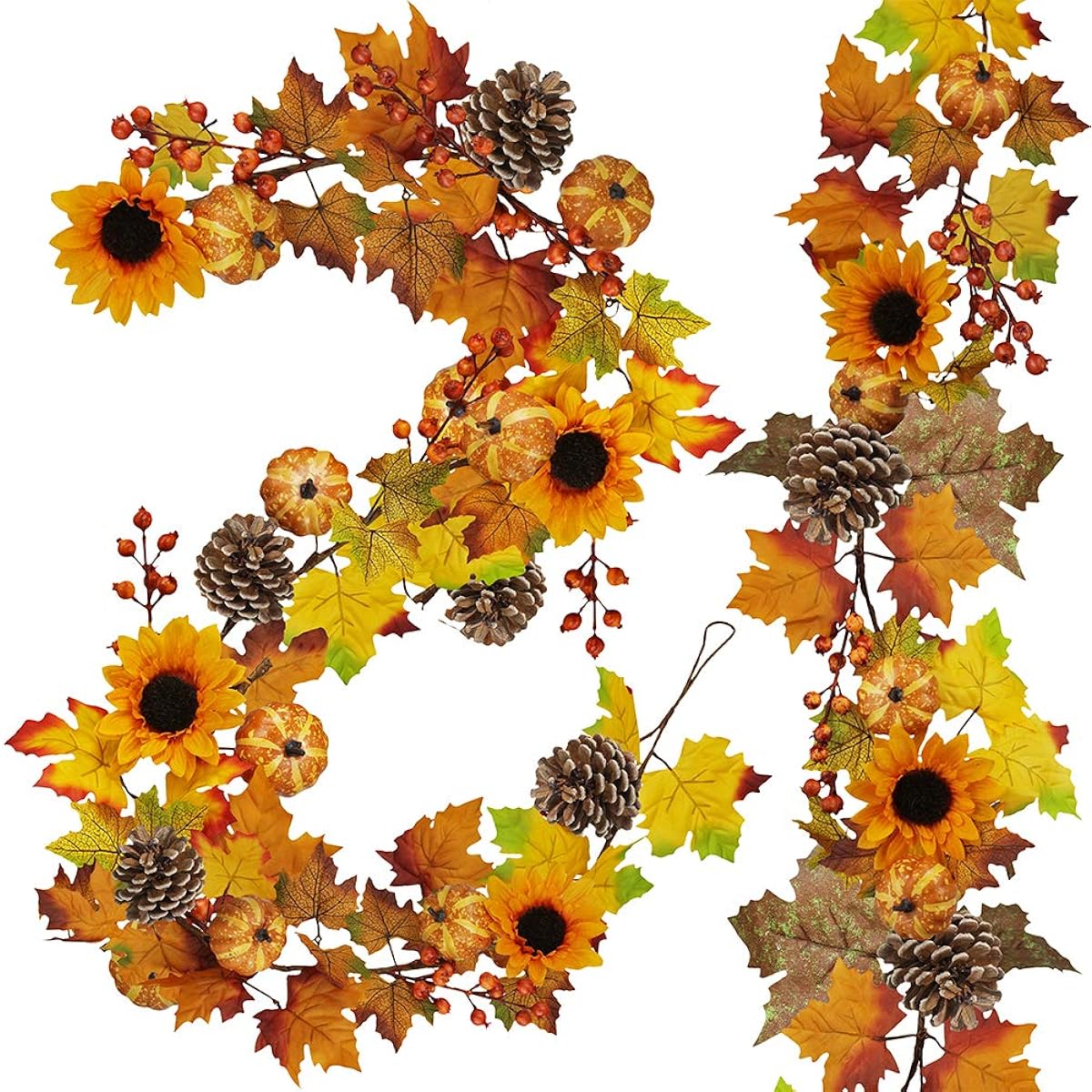 Autumn Maple Leaf Garland - 6ft/Piece Artificial Berries Sunflowers Pumpkins Fall Garland Decorations for Wedding Party Thanksgiving Dinner Fireplace Door Frame Entryway Backdrop Decor