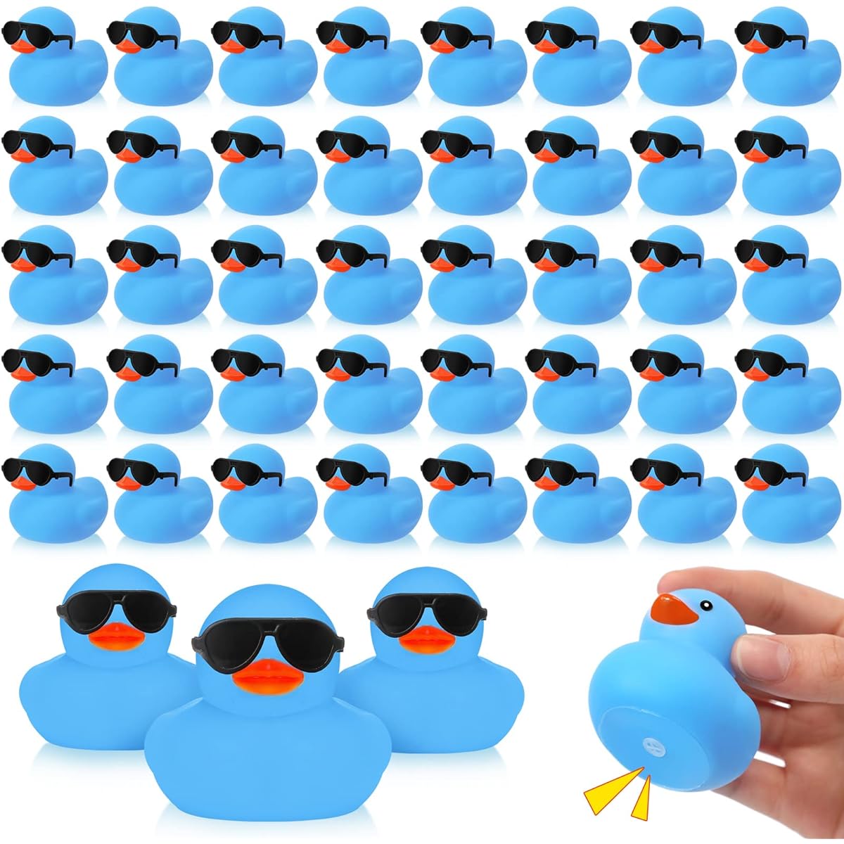 Sosation 48 Pack Mini Rubber Duck Sunglasses Set Duck Bath Toy Squeaky Rubber Duck Float Bathtub Ducky Little One Birthday Party Favors Class Carnival Prize Car Decor (Blue)
