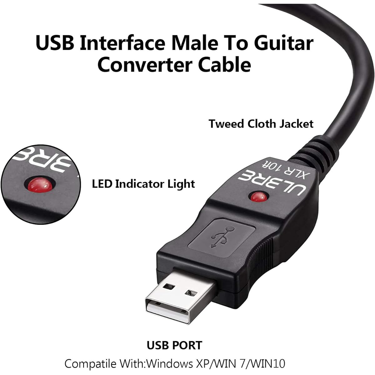 ULBRE USB Microphone Cable 10Ft, XLR To USB Cable Mic Link Converter Cable Studio Audio Cable Connector Cords Adapter for Microphones or Recording Instrument Karaoke