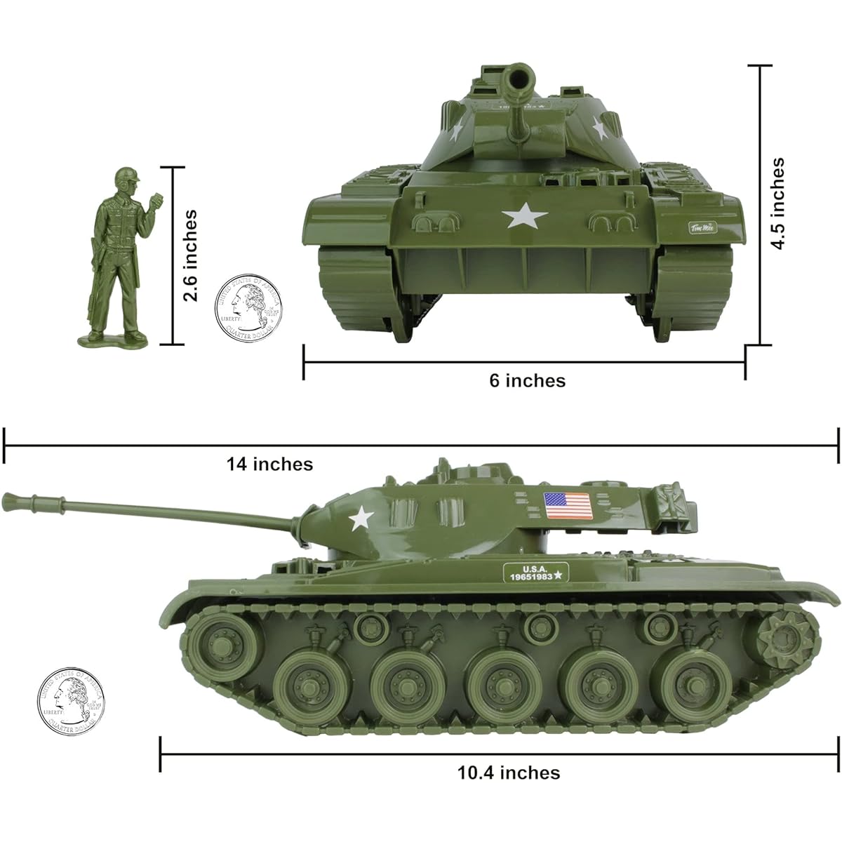 Tim Mee Toy Walker Bulldog Tank Playset- OD Green 13pc - Made in USA