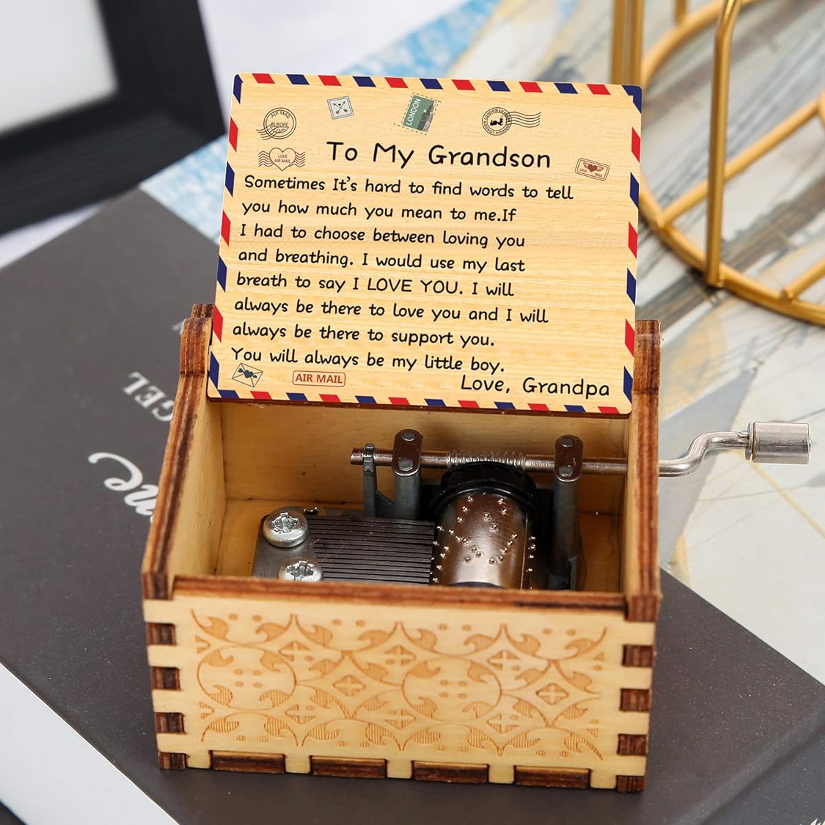 Carved Colorful Wooden Music Box, Hand-Cranked Classic Wooden Sunshine Music Box Personalized Wooden Music Box for Birthday Christmas Valentine's Day (Grandpa)