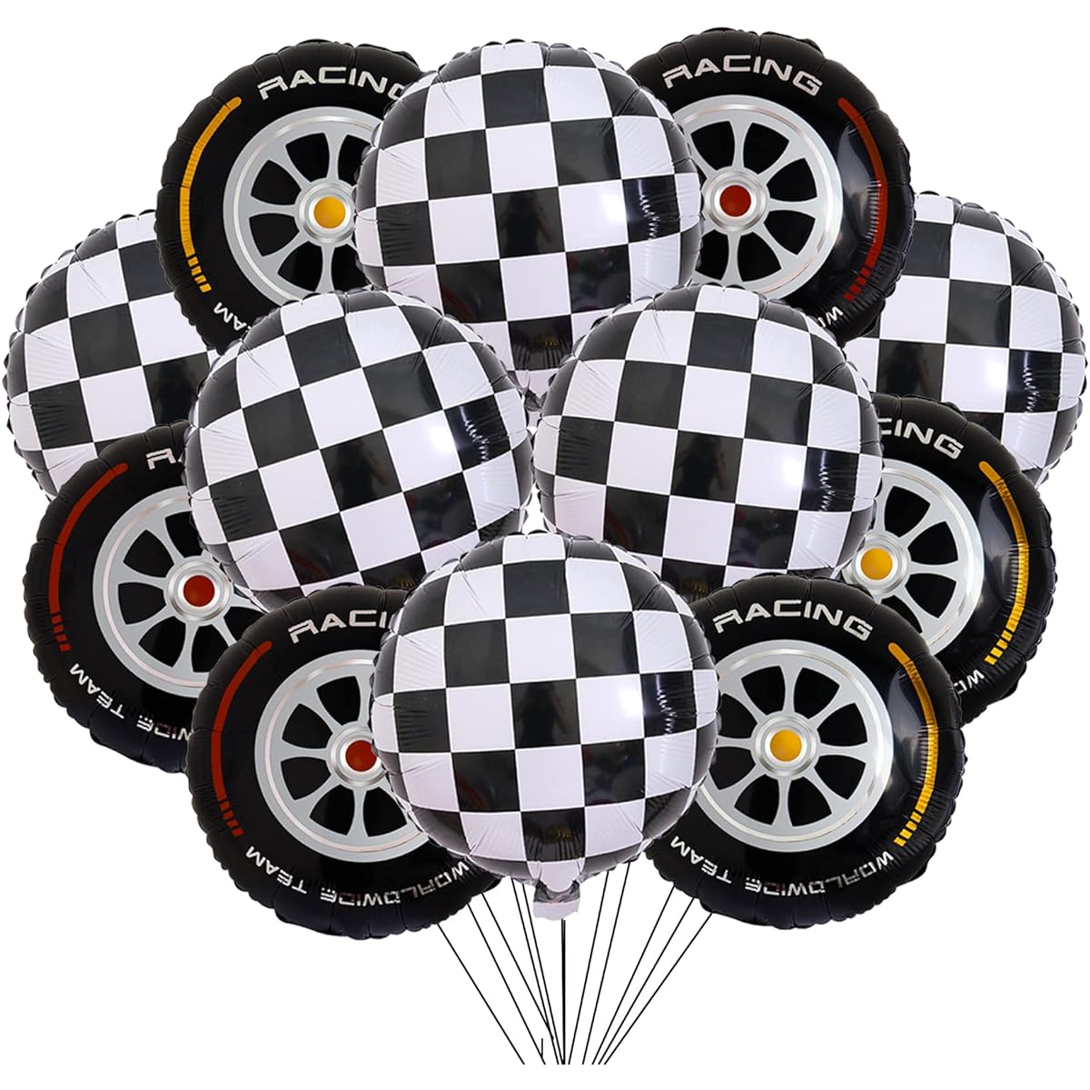 Stcomart 18" Race Car Wheel Balloons Black and White Checkered Balloons for Birthday Party Race Car Theme Party 12pcs