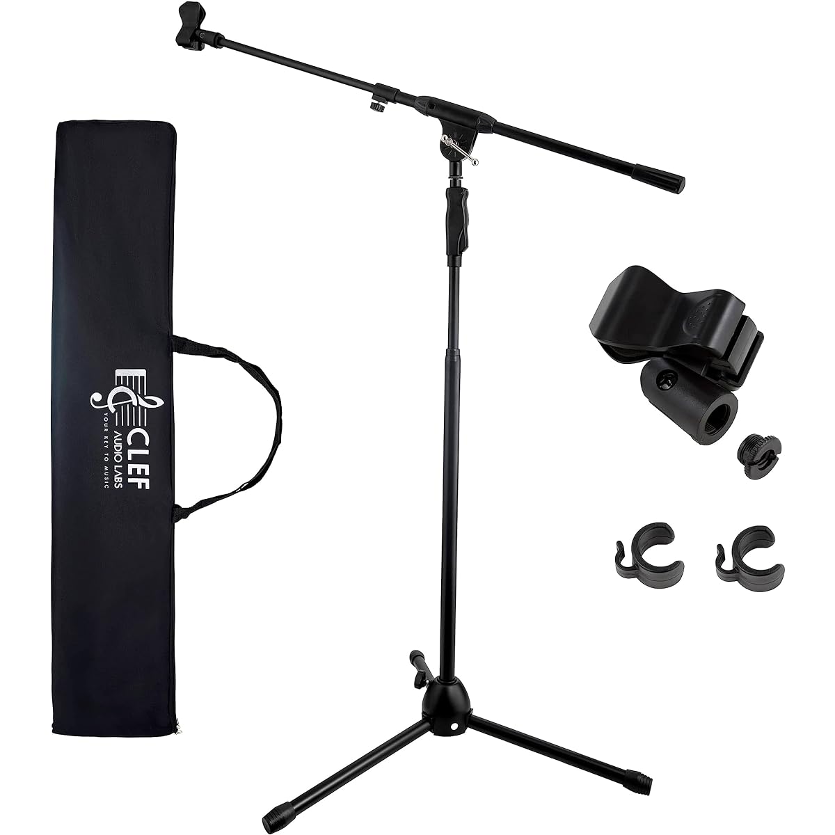Clef Audio Labs Tripod Microphone Stand - Heavy Duty - Telescoping boom arm and ergonomic one-handed clutch for easy height adjustment - Cable management clip and carrying bag included - Black