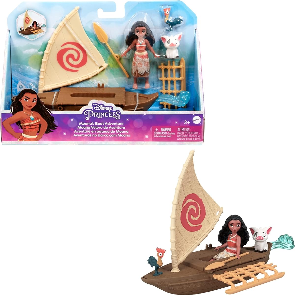 Mattel Disney Princess Moana Small Doll & Boat Playset with Floating Boat Vehicle & 2 Character Friends from the Mattel Disney Movie