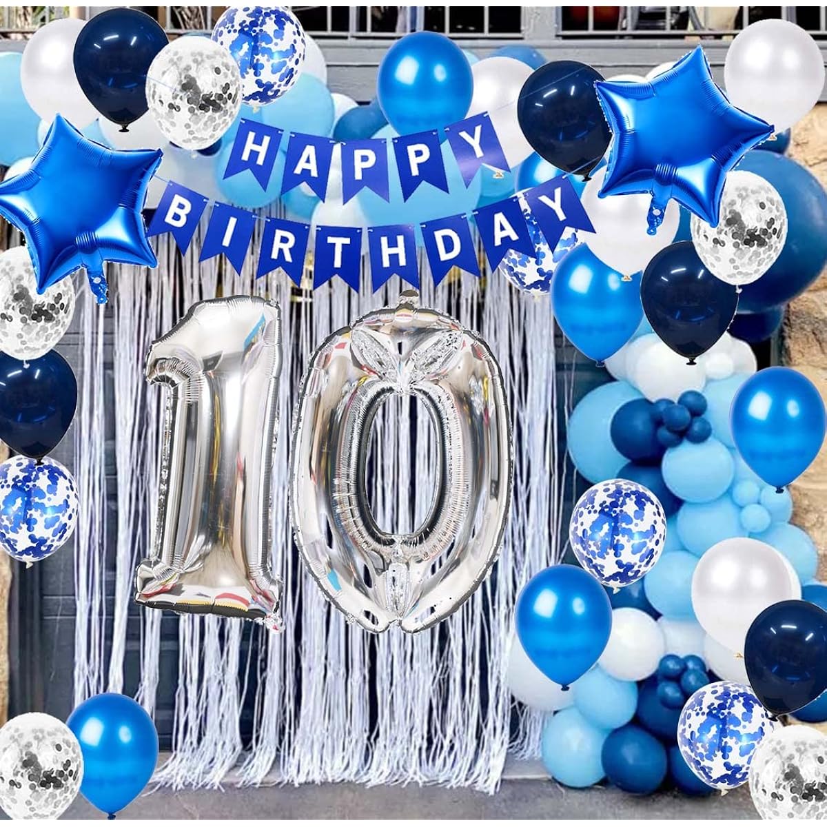 10th Birthday Decorations Blue for Boys Happy Birthday Banner Blue Number 10th Birthday Star Foil Balloons 10th Birthday Confetti Balloons 2 Digits 10th Birthday Supplies for Boys (10 Years Old)