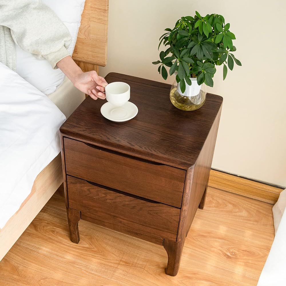 Cozeelife Side Table Cabinet Night Table Oak Wood with 2 Drawers Wooden Oak Easy to Assemble Bedside Storage Around Bed Scandinavian Stylish Modern Walnut Color Width 41cm x Depth 40cm x Height 50cm