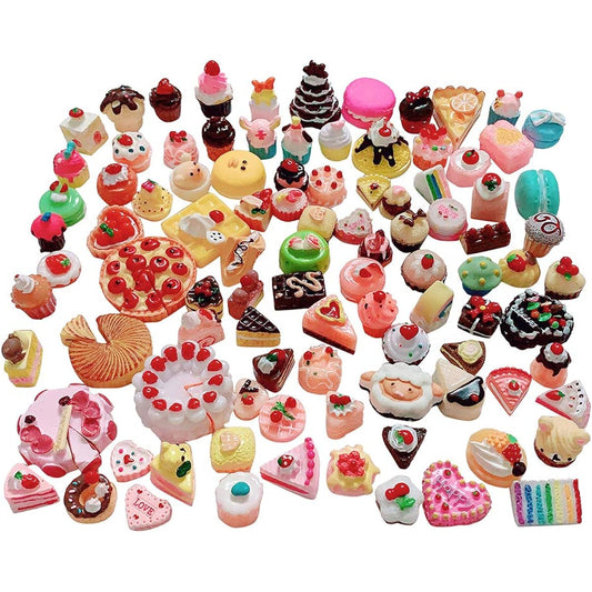 Anrher 100pcs Miniature Dessert Cake Mix Resin Pastry Decoration Set for Kids Dollhouse Pretend Play Kitchen Cooking Game Party Toys