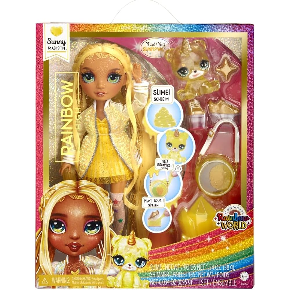 Rainbow High Fashion Doll with Slime & Pet - Sunny (Yellow) - 28cm Shimmer Doll with Glitter Slime Magical Pet Fashion Accessory - Kids Toy - Ages 4-12