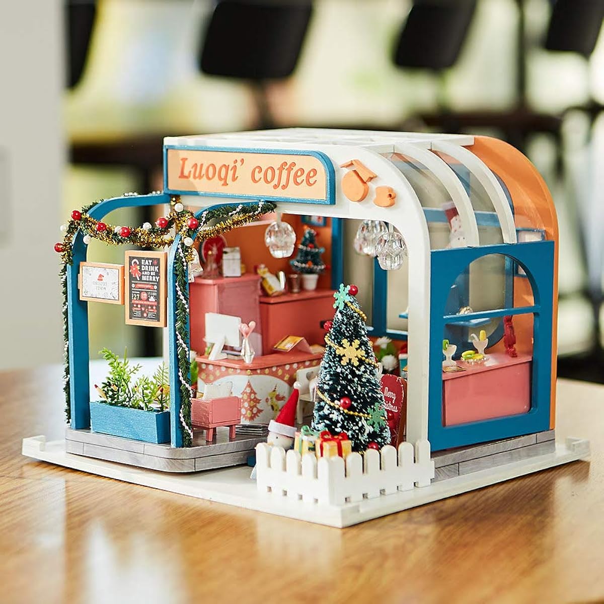 Cool Beans Boutique 1:24 Miniature Dollhouse DIY Kit - Wooden Coffee Shop and Christmas Tree (Assembly Required) K046