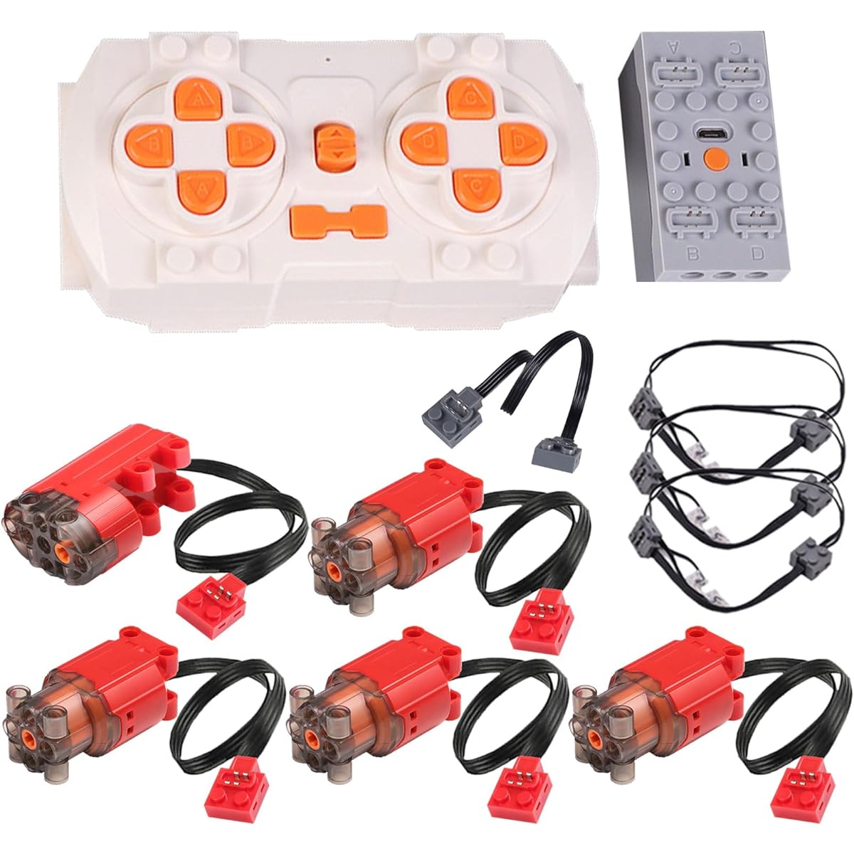 Scakbyer Red Upgrade Power Functions Motor Set 11pcs, 1x APP Dual Remote Control, 1x Lithium Battery Box, 1x Servo Motor, 4x L Motors, 3-Piece Light Set, 1x 25cm Extension Cord