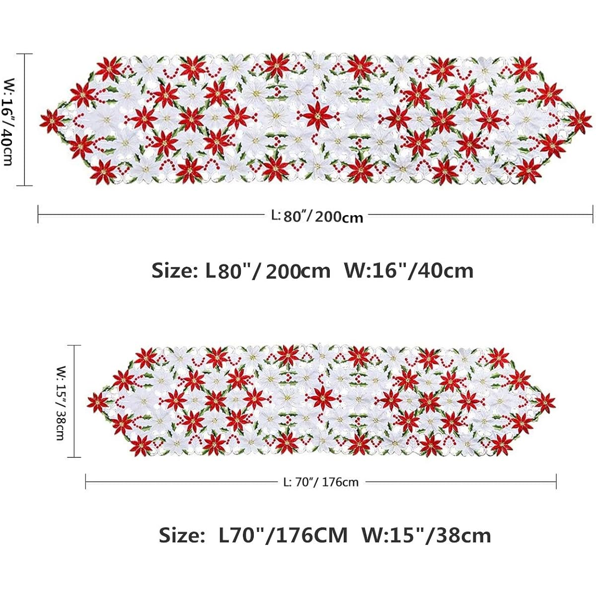 QTMY 2 Pack Christmas Embroidered Table Runners with Luxurious Holly Poinsettia for Christmas Decorations 15 x 70 inch/15 x 80 inch