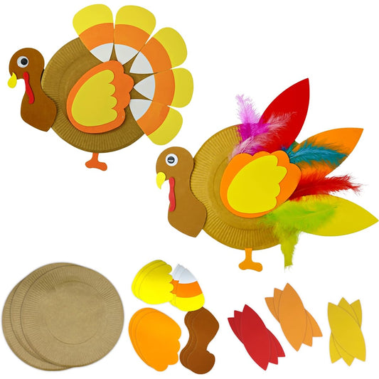 4E's Novelty Turkey Plate Craft for Kids (12 Pack) Fall Thanksgiving Craft Kit