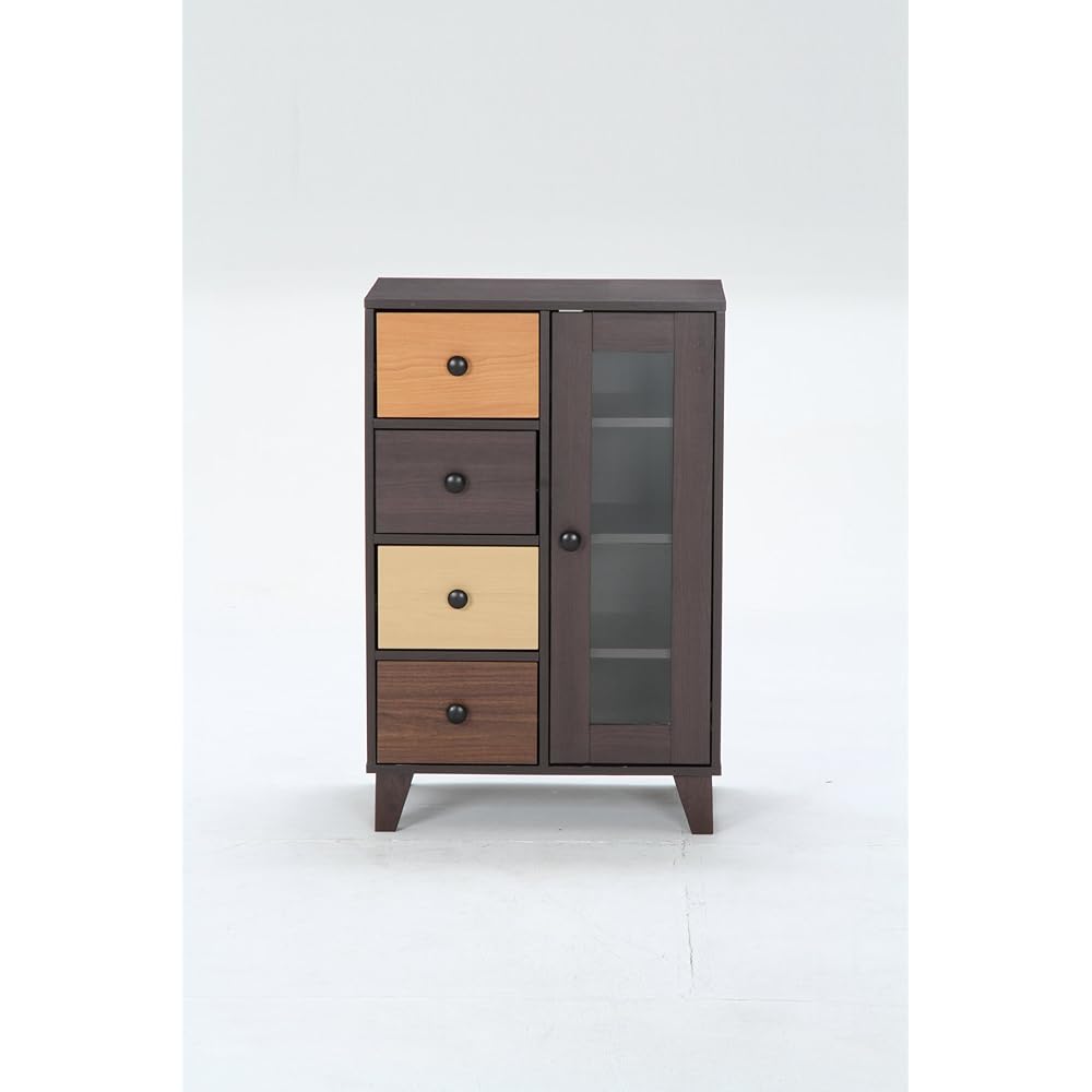 Fuji Boeki Cabinet Living Storage 4 Tiers Width 59 x Depth 39 x Height 89 cm Gradient Wood Grain Slim Drawer Storage Glass Door with Legs 96300