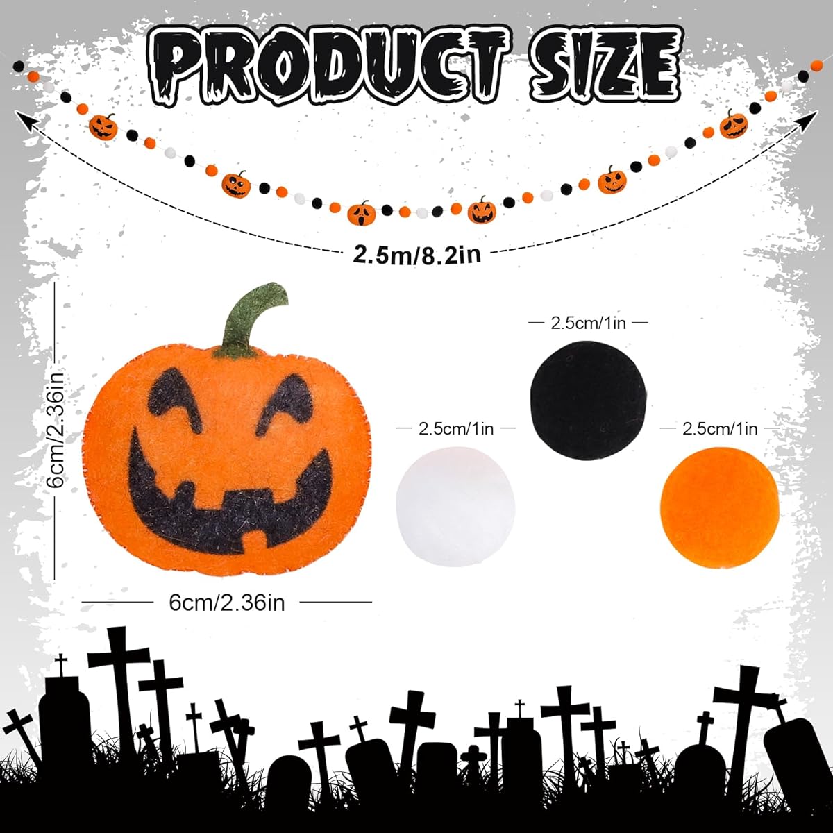 Whaline 8.2ft Halloween Felt Pom Poms Garland Different Expressions Cute Pumpkins Hanging Banner Orange White Black Pom Pom Balls Bunting Banner for Halloween Home Mantel Wall Window Decoration Party Supplies