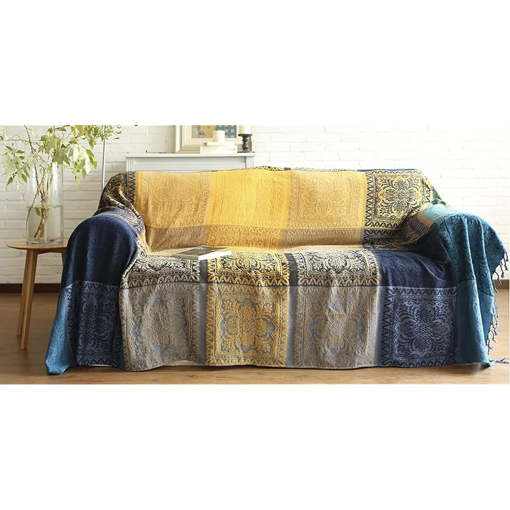 Multi-Cover Asian Style Sofa Cover Stylish Multifunctional Bedspread with Fringe Bedspread Rug Blanket Couch (220cm*260cm, Asian Blue Large)