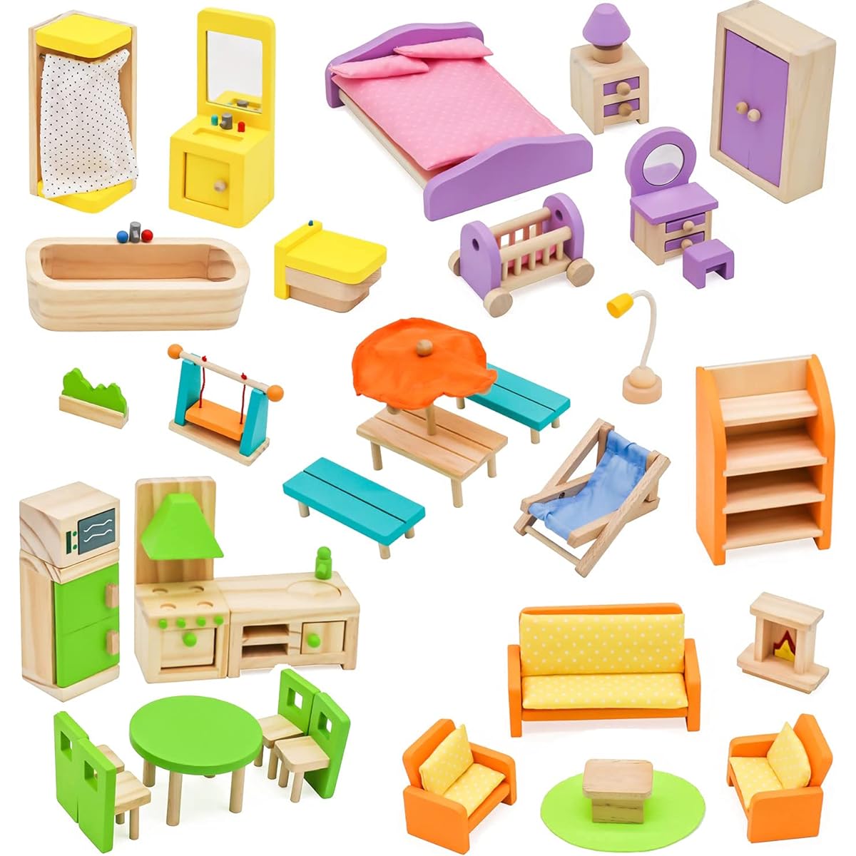 Pidoko Kids Dollhouse Furniture - Full Furniture Bundle Set - (5 Rooms 42 Pieces) - Wooden Toy