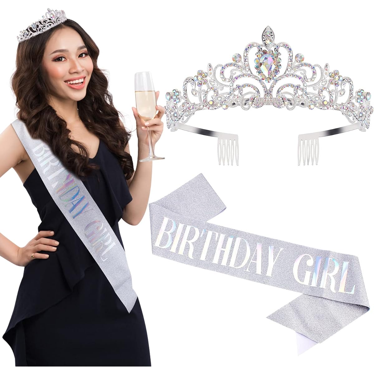 birthday crown for women and girls,birthday tiara with birthday queen sash,tiara for women,silver rhinestones for women,tiaras and crowns,crowns for women,tiara for women party gift
