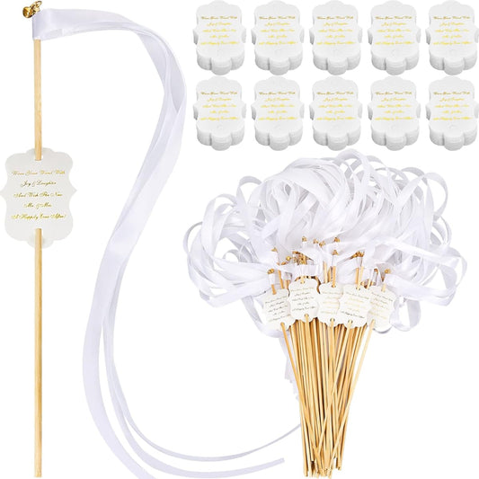 100 Sets Ribbon Stick Wands, Wedding Wands with Bells and Favor Tags, White Wedding Wands, Wedding Gift Off Items, Ribbon Streamers, Silk Fairy Stick Wand Tags, Party Activities, Holidays, Celebration Decorations