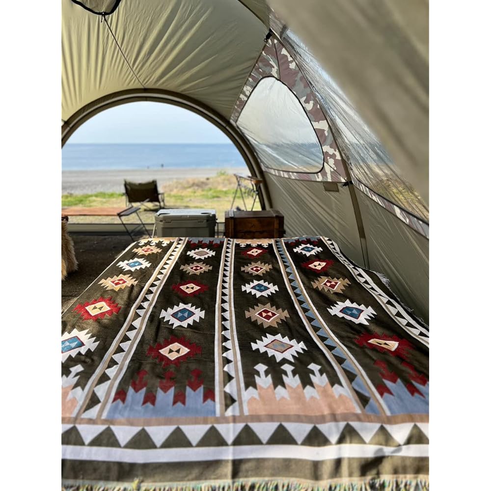 Peel Forest El Paso Blanket Rug Blanket Cover Multi Cover Native Pattern Ortec Pattern Kilim Tatami Style, Dark Green Large…