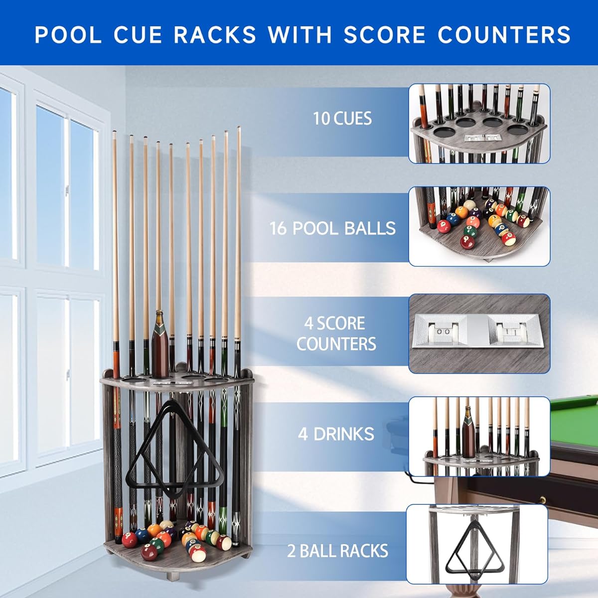 GSE Billiard Pool Stick Holder Only Corner Style Floor Stand Billiard Pool Cue Rack with Score Counter Wooden Cue Rack Holds 10 Cue Sticks, 2 Ball Racks and Full Set of Balls (Matte Gray)