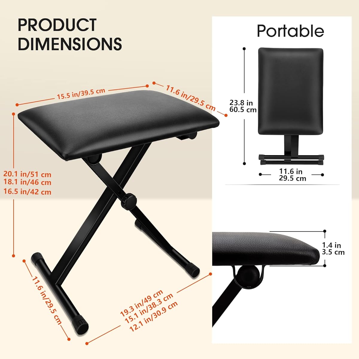 LETSROCK Piano Bench Keyboard Bench X Style Padded Adjustable Portable Stool Folding Chair Foldable Seat Waterproof Anti-Slip Black