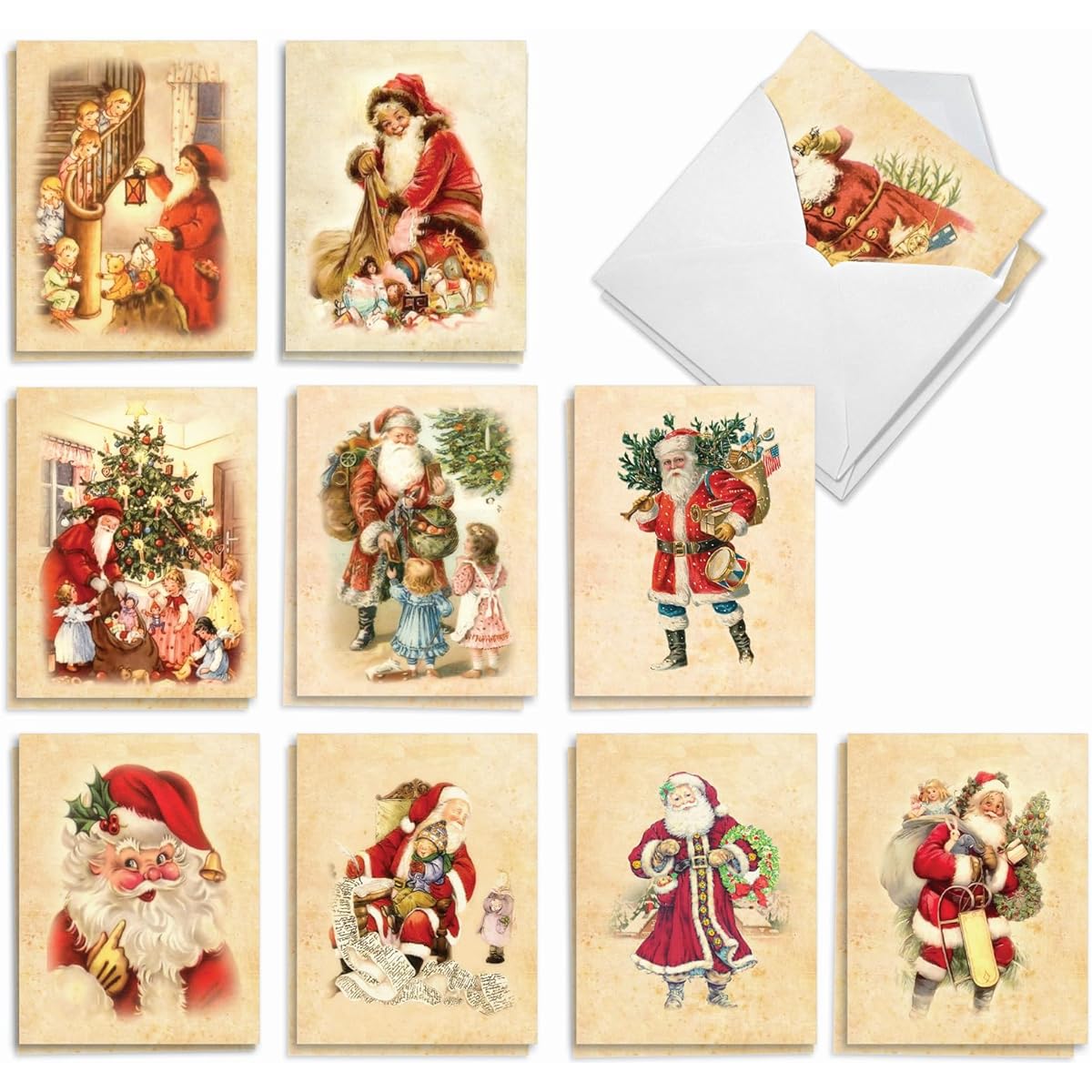 The Best Card Company Christmas Note Box Set, 20 Assorted 4 x 5.12 Inch Envelopes (2 of 10 Designs), Santa Retro AM7810XSG-B2x10