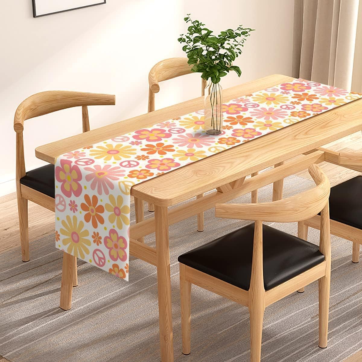 Groovy Table Runner Hippie Daisy Flower Peace Love Birthday Party Retro Kitchen Dining Home Decorations (13" x 48")