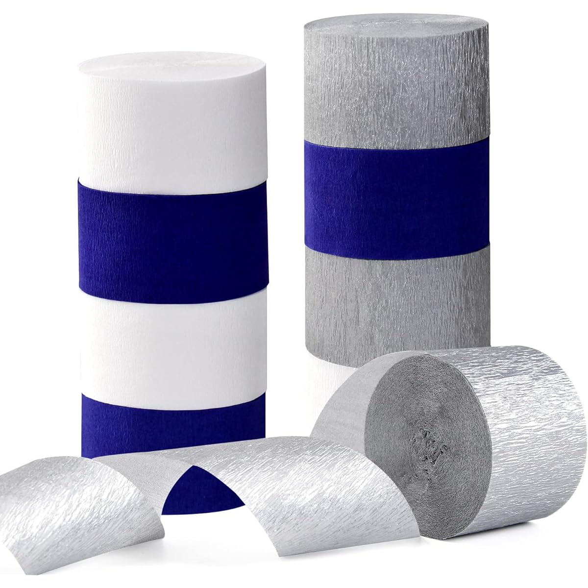 Navy Blue White Silver Crepe Paper Streamers 9 Rolls Royal Blue Graduation 2022 Men Boys Birthday Party Decorations Streamers Wedding Bridal Shower Paper Garland Father's Day Decor Panduola