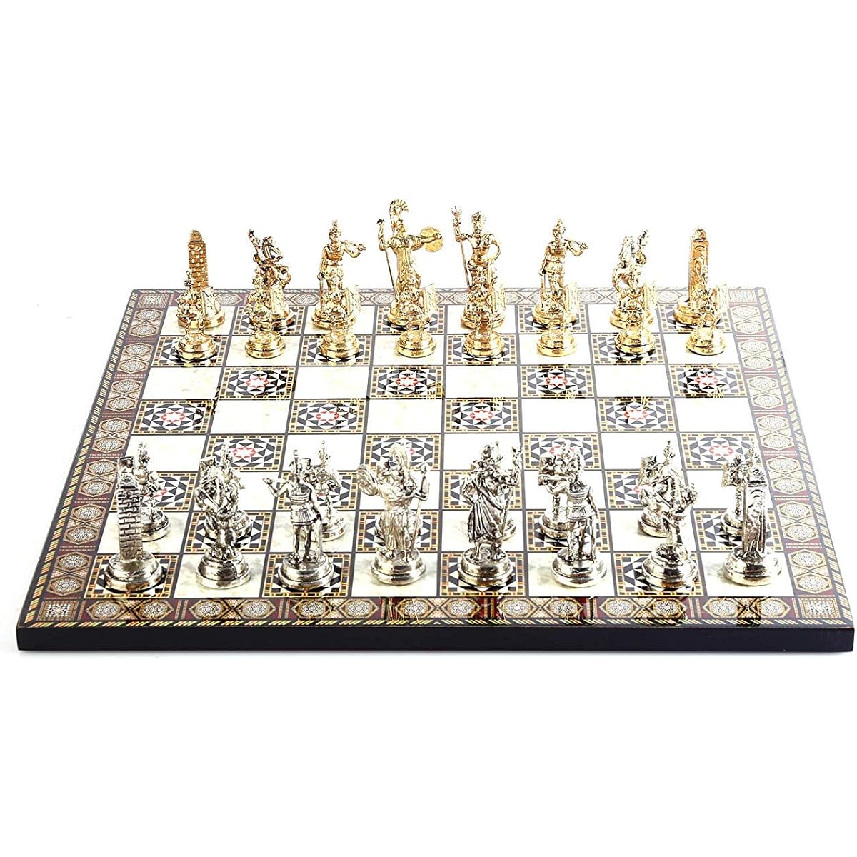 GiftHome Historical Roman Figures Metal Chess Set for Adults, Handmade Pieces, Mosaic Design, Wooden Chess Board, King 2.8 Inch