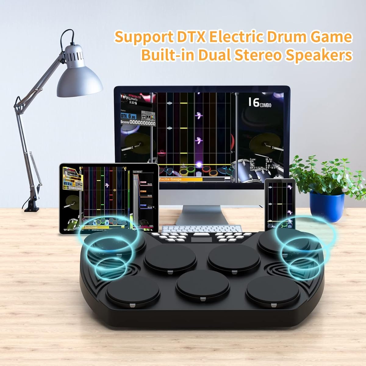 KONIX Electronic Drum Set, Tabletop Electric Drum Kit, 7 Pad Portable Digital Drum Pad Machine with Digital Panel, Built-in Speaker, PC Connection Support, Perfect Gift for Teens and Adult Beginners
