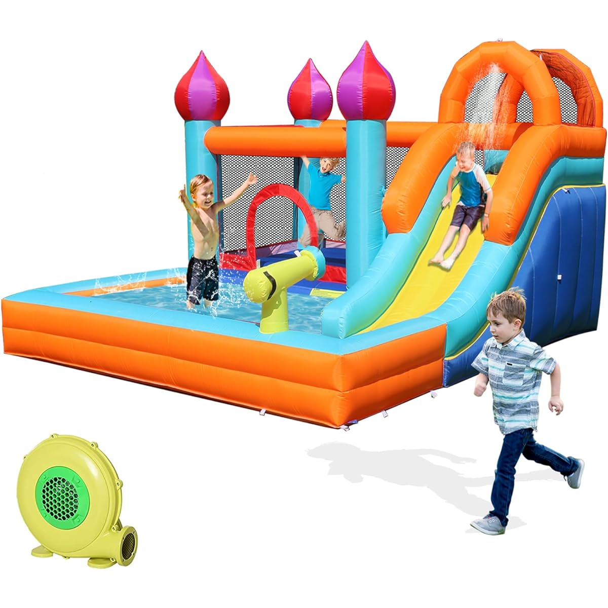 WelandFun Inflatable Water Slide Park with Splash Pool for Kids Climbing Wall Bounce House with Ball Shooting Bouncy Castle for Kids with Blower for Outdoor Backyard
