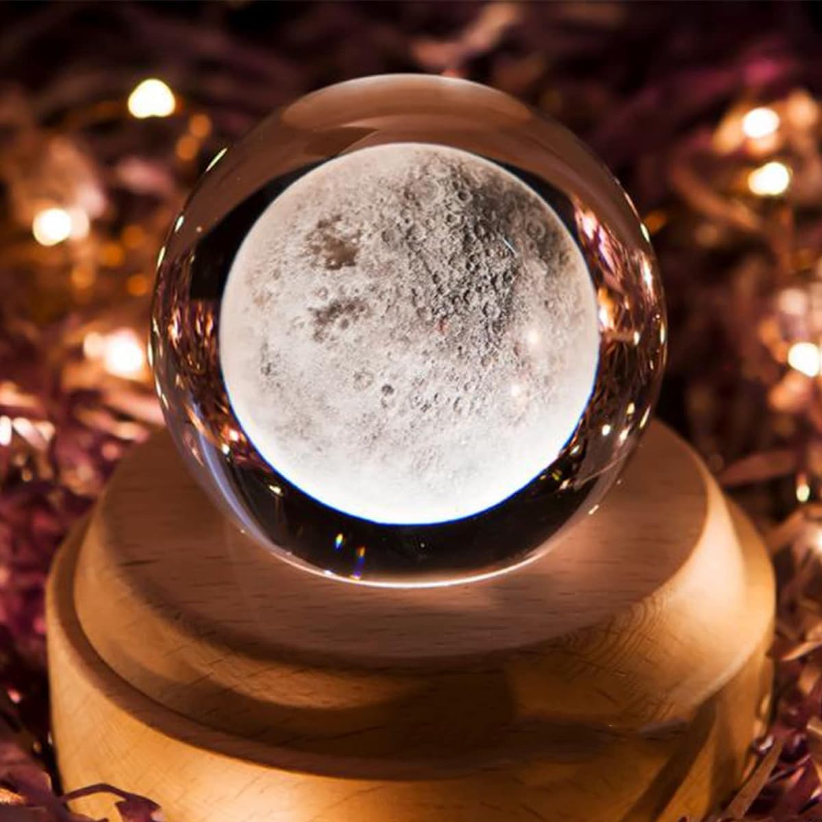 Crystal Ball 3D Music Box with LED Night Light Rotating Base Crystal Night Light Christmas Thanksgiving Birthday Valentine Boys Girls Home Decoration Gift (Big Moon)