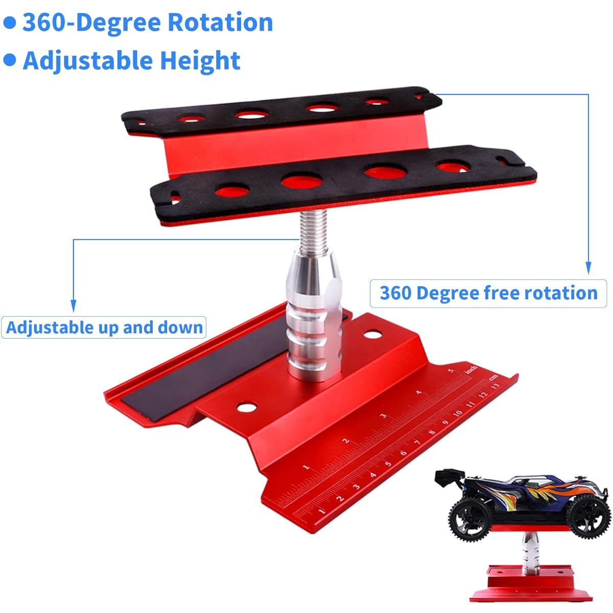 RC Car Work Stand Repair Workstation Aluminum Alloy 360 Degree Rotation with Screw Kit & Screw Tray Wheel Wrench Repair Tool for 1/8 1/10 1/12 Scale Model Cars Trucks (Red)