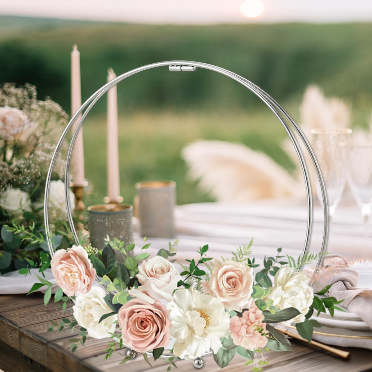 8 Pack 14" Metal Floral Hoop Centerpieces with Stand and 38 Yard Paddle Wire Craft Centerpieces Table Decorations Centerpieces for Weddings, Christenings, Parties, Tables DIY Metal Ring Table Decor, Silver