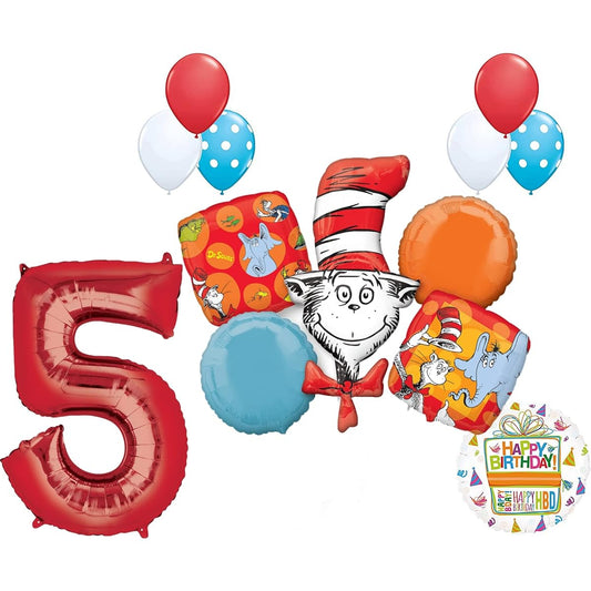 13 pc Dr Seuss Cat in the Hat 5th Birthday Party Balloon supplies