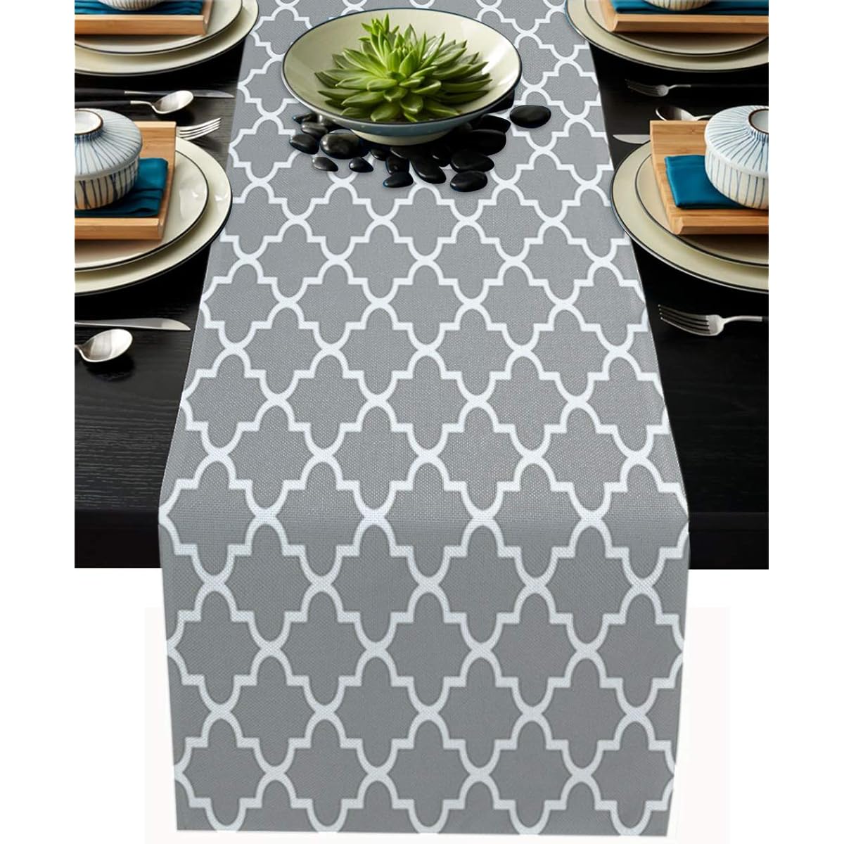 IDOWMAT Linen Burlap Table Runner Dresser Scarf Geometric Pattern Moroccan Tile Gray Kitchen Table Runner for Farmhouse Dinner Holiday Party Wedding Event Decor 13 By 70 Inch