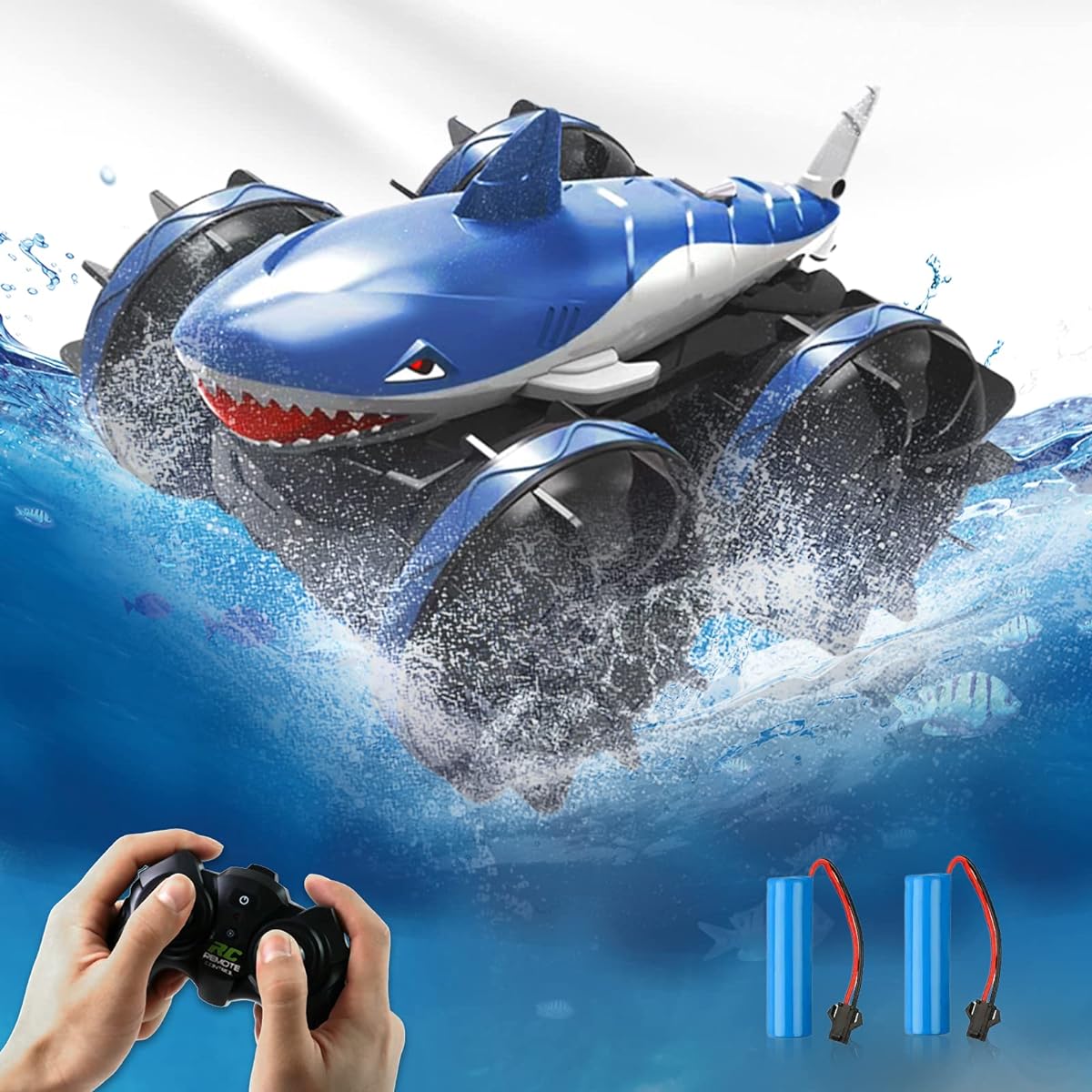 Desdoni Amphibious Remote Control Car 2.4GHz Waterproof Off-Road RC Shark Truck 4WD Stunt Car 360° Rotation All Terrain RC Truck for Adults Boys Girls Kids Gifts with 2 Rechargeable Batteries