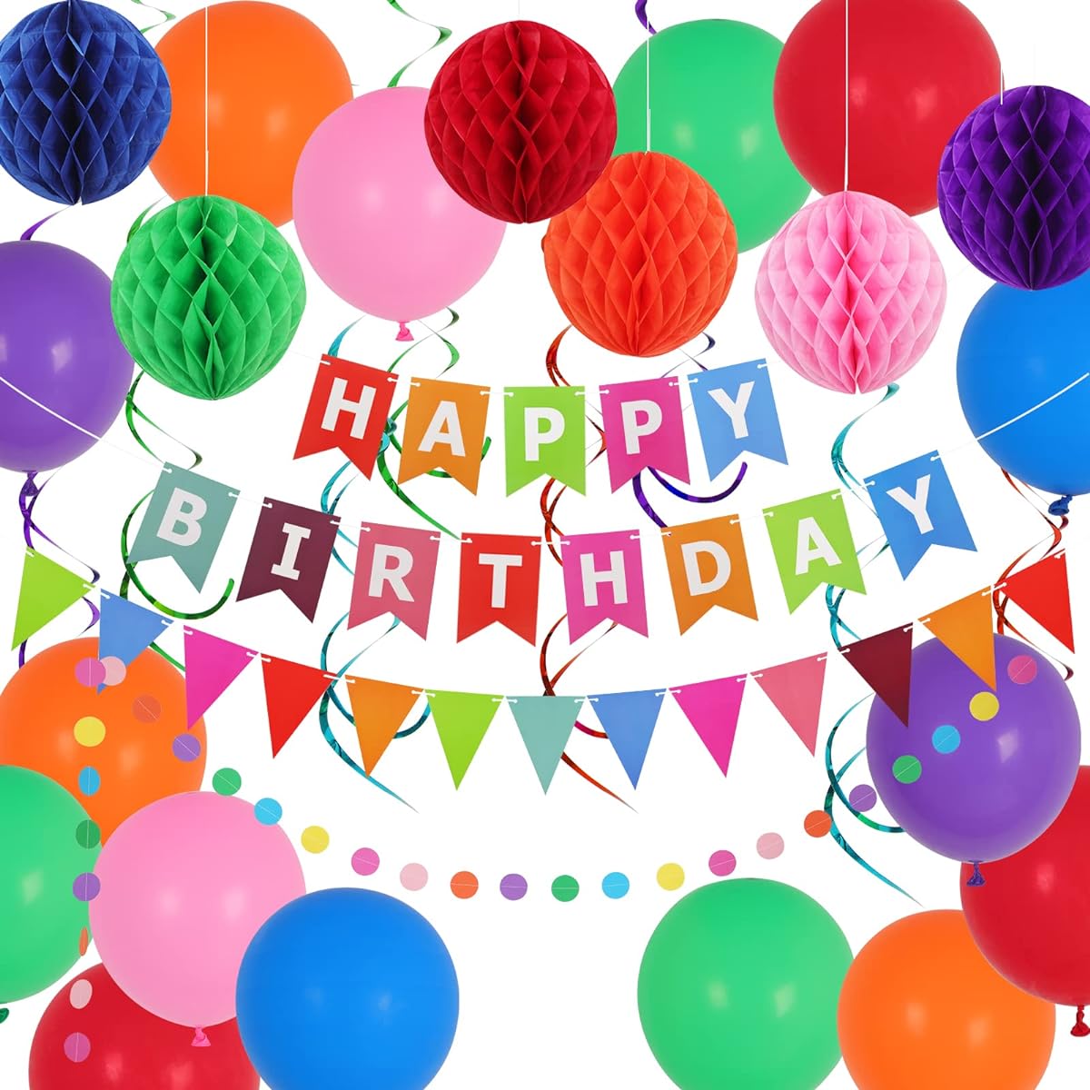 RUBFAC Rainbow Birthday Decorations Happy Birthday Banner, 6 Honeycomb Balls, 8 Metallic Hanging Swirls, Circle Paper Garland, 30 Balloons
