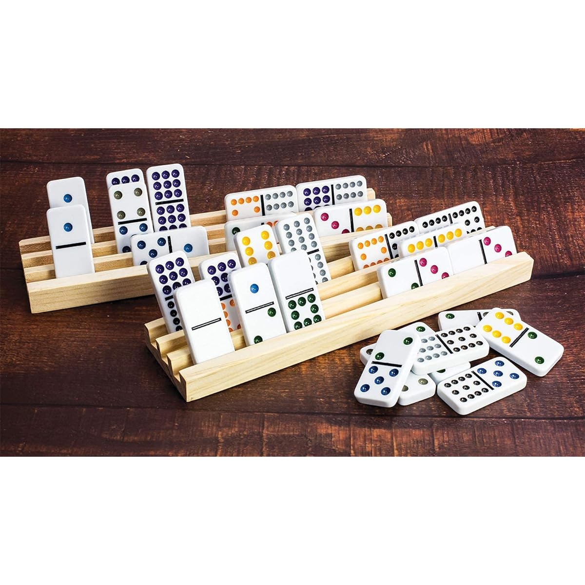KOVOT Domino & Rack Set | 91 Tiled Dominoes + 4 Wooden Domino Racks