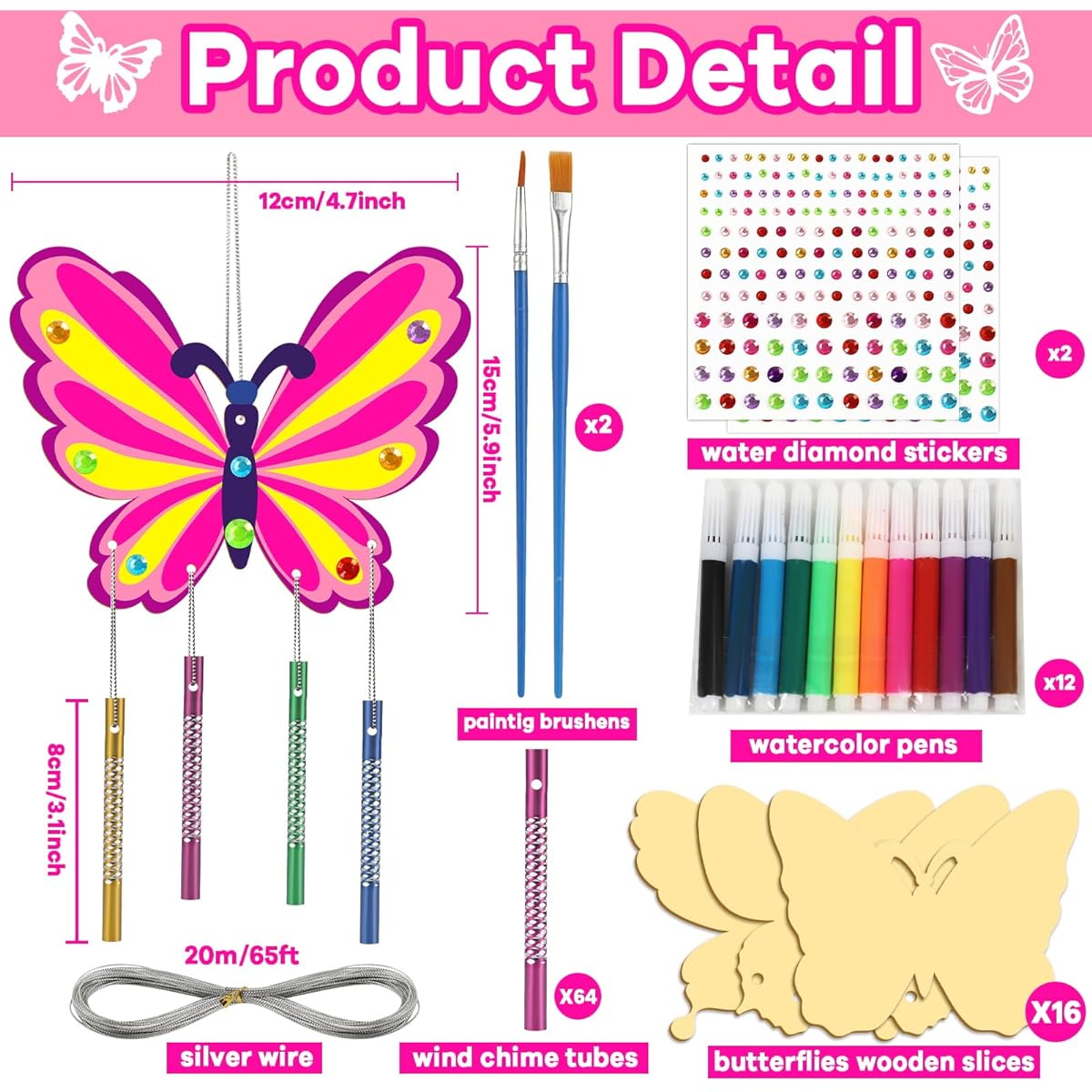 Butterfly Wind Chimes Kit, 16 Pack Butterfly Crafts for Kids, Make Your Own Butterfly Wind Chimes Wooden DIY Arts & Crafts for Summer Parties, School Classroom Decorations, Birthday Favors