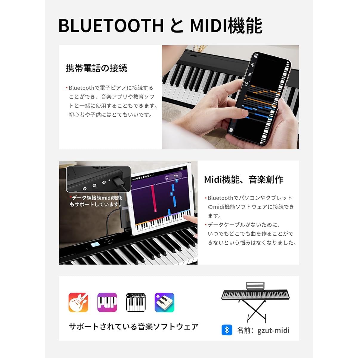 Electronic Piano 88 Keys Half Weight Keyboard Midi & Bluetooth Supported with Earphones and Pedal Double Keyboard Lightweight for Beginners and Adults (Full, White)